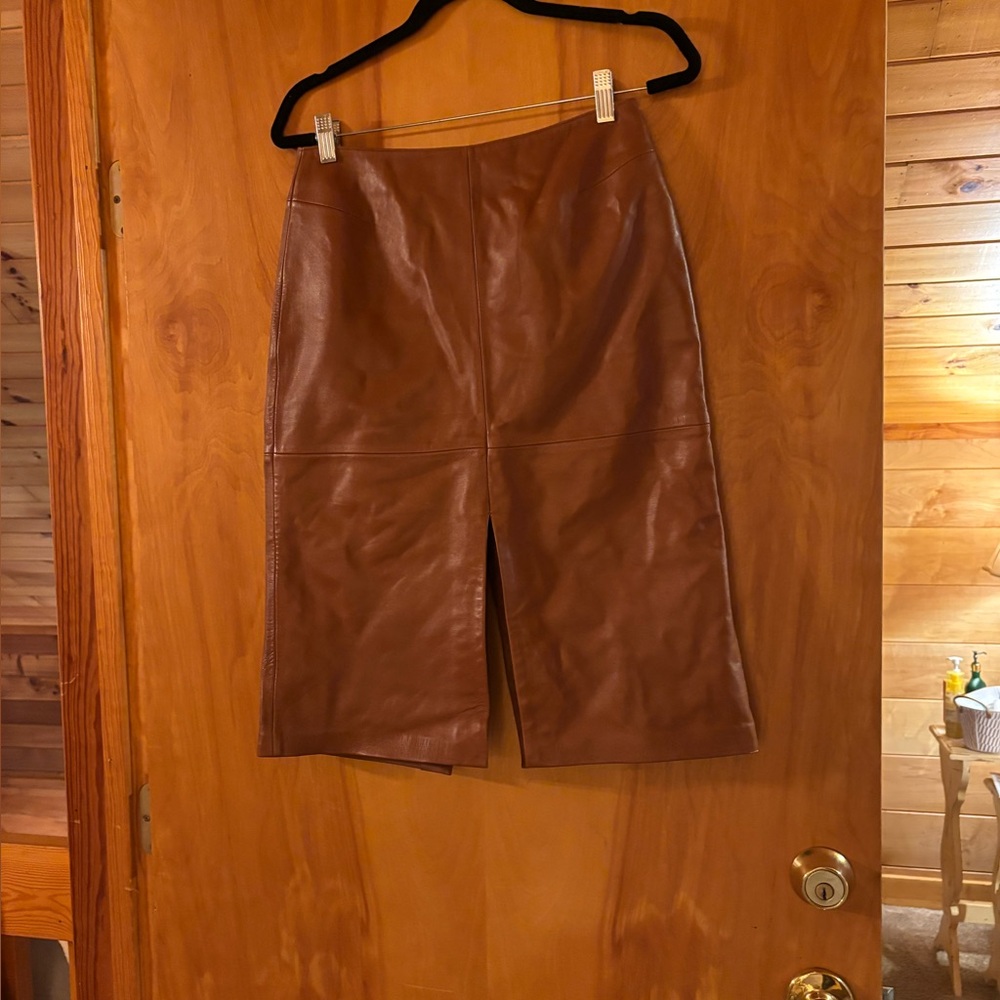 Cache Brown Leather Midi Skirt